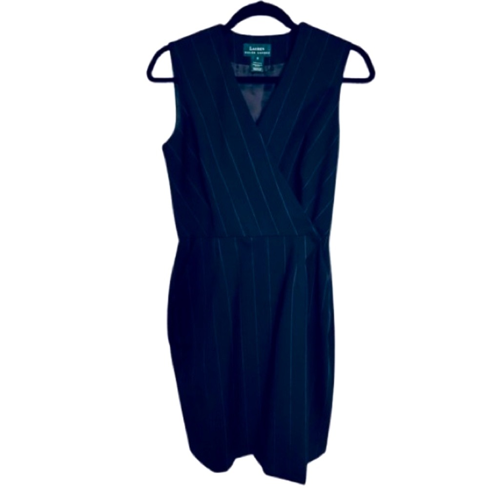 Vintage RALPH LAUREN Wool Navy Midi Dress Pin Striped Blue White Designer 6